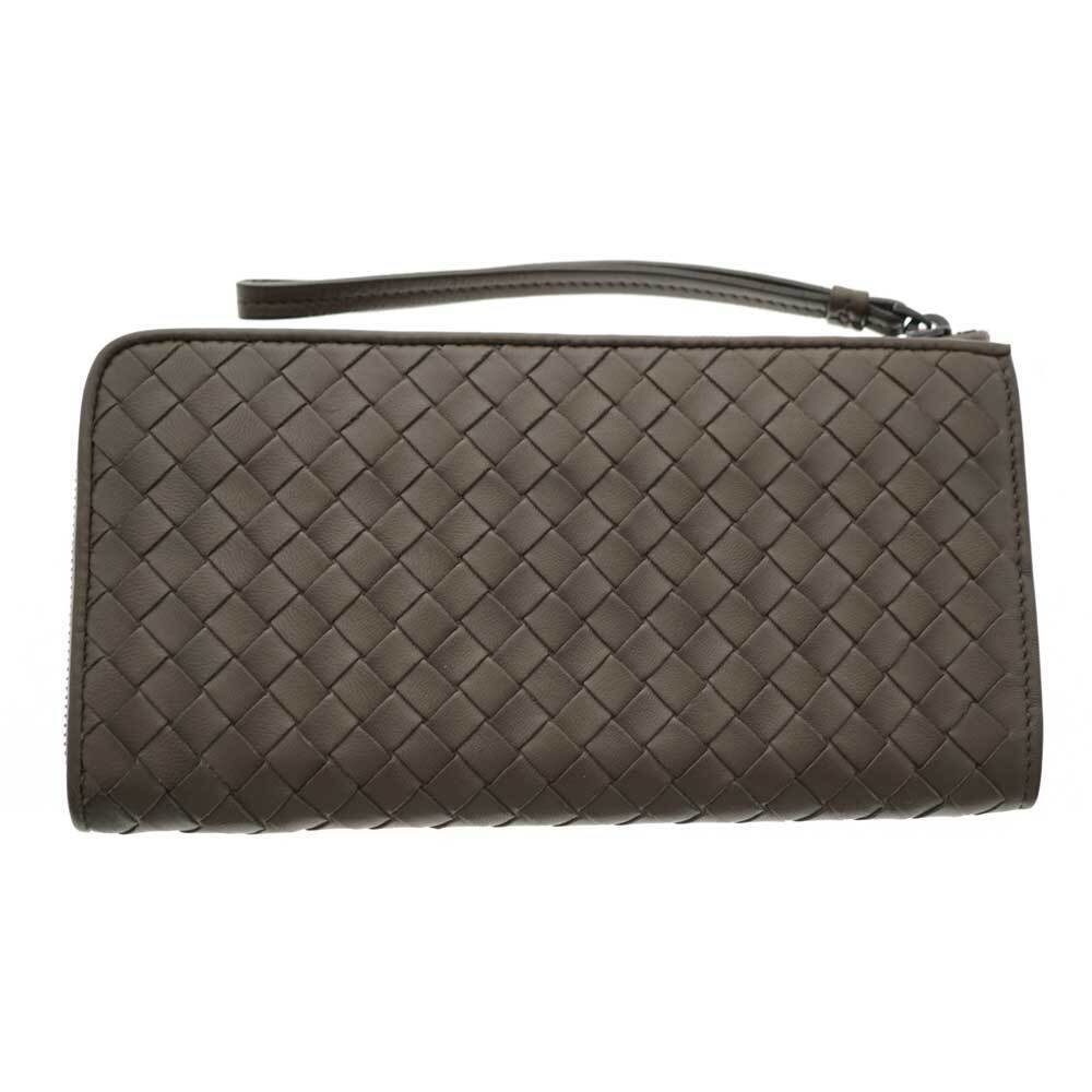 Bottega Veneta beige long lambskin brown zipper intrecciato L wallet